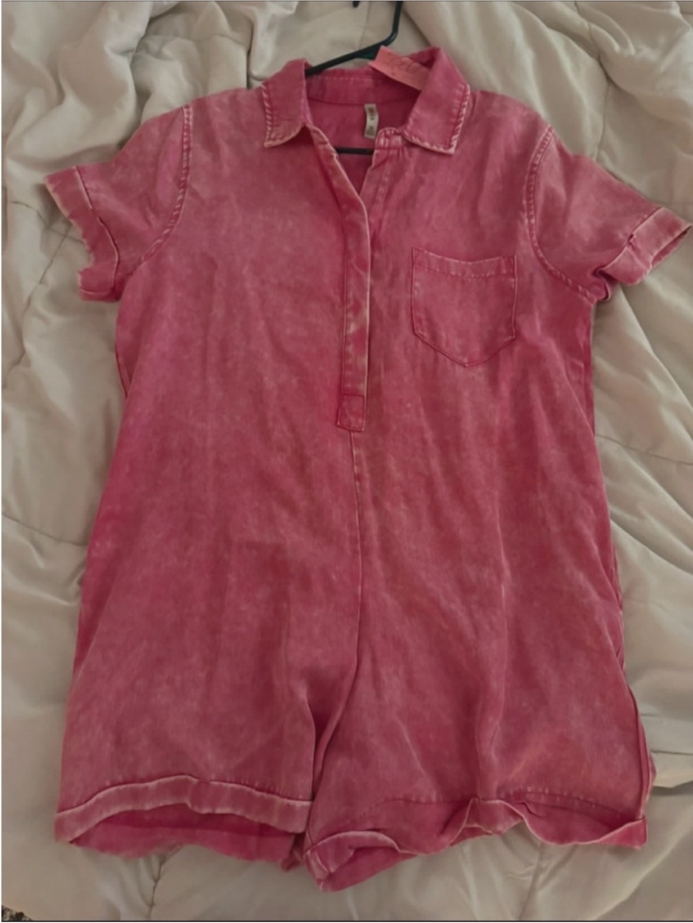 Short Sleeve One-Piece Romper in Washed Pink Zenana